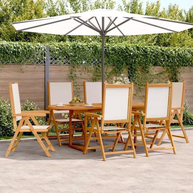 Set Pranzo da Giardino vidaXL in Legno di Acacia Olio con Tessuto Beige e Bianco 7 pz