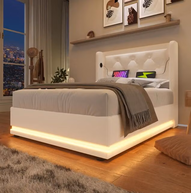 Letto singolo imbottito 90x200 cm in PU bianco con contenitore idraulico, testiera imbottita con ricarica USB Tipo-C e illuminazione LED a 3 lati (senza materasso)