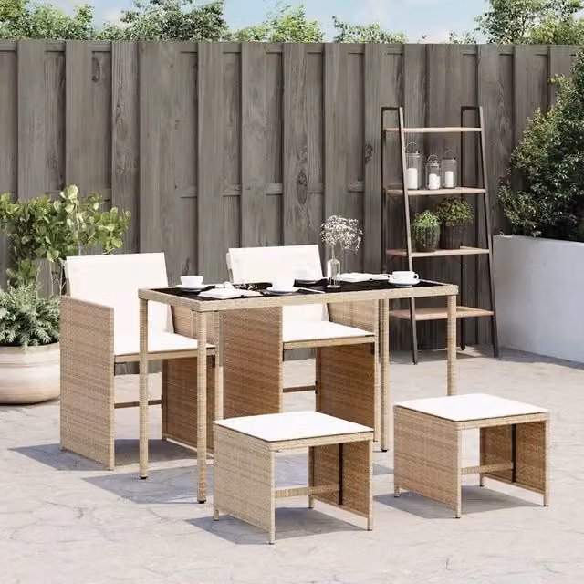 Set da pranzo da giardino vidaXL in polyrattan con tavolo in vetro e 5 sedie con cuscini beige e bianchi