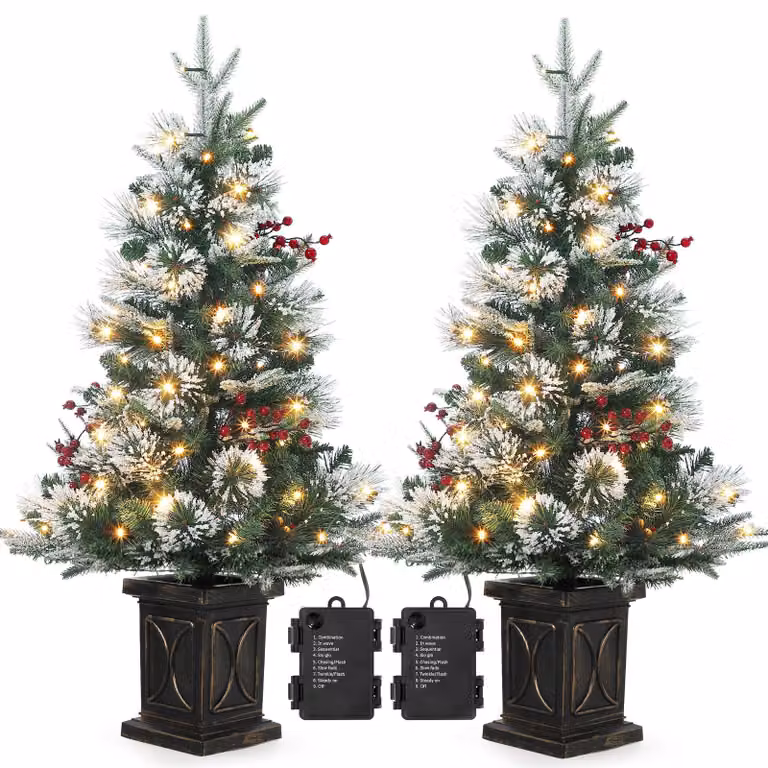 Set di 2 pezzi: Albero di Natale artificiale innevato, altezza 90 cm (3.0 piedi), con fusto denso simile a un abete/pino, illuminato con luci LED e con punte di aghi innevate. Montaggio a cerniera, supporto in metallo