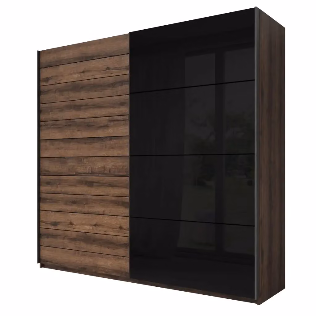 Set completo camera da letto FLOYD Meublorama in rovere scuro e nero lucido con letto 180x200 cm, armadio 220 cm, cassettiera e comodini – 2