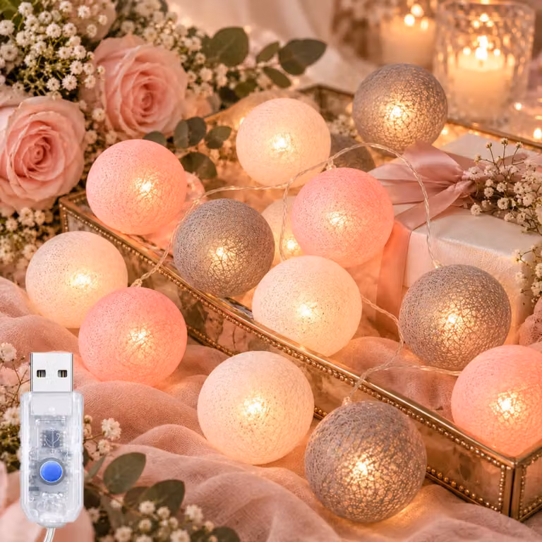 Catena luminosa con 20 palline di cotone, lunghezza 3 metri, alimentazione USB, timer, colore rosa-grigio-bianco