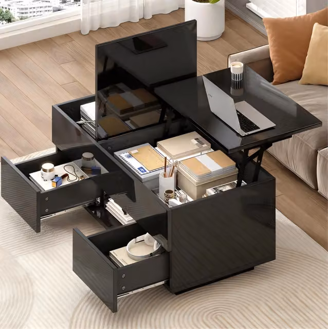 Tavolino da caffè alzabile 100x45x43 cm con LED; 2 cassetti e vano nascosto nero HAVRYA