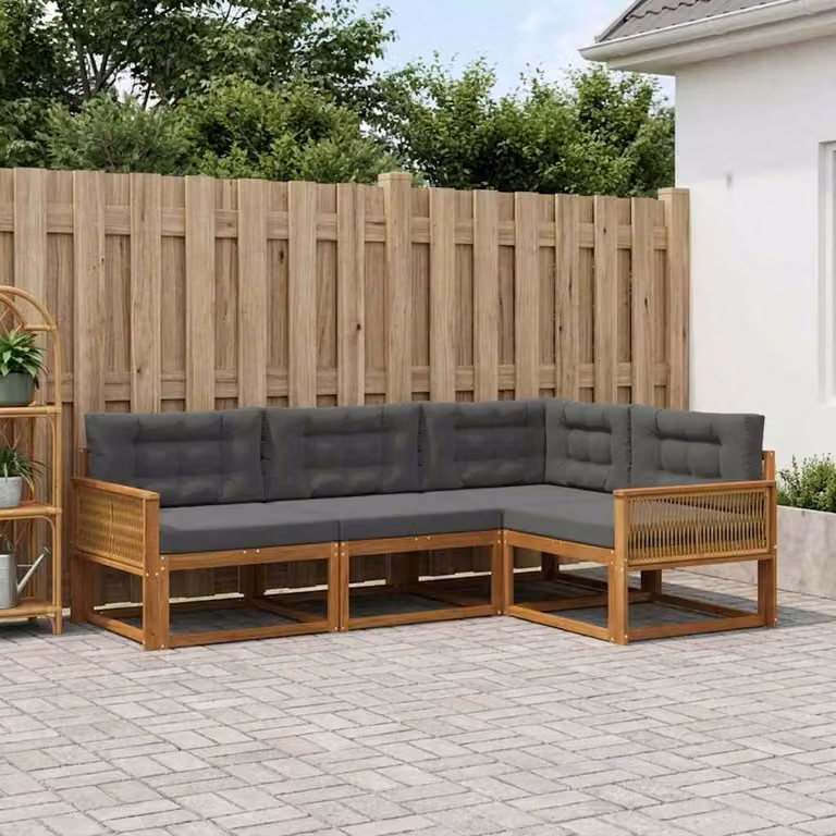 Set di divani da esterno vidaXL a forma di L in legno di acacia con cuscini, colore naturale e antracite