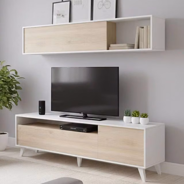 Parete attrezzata Arusha, Composizione soggiorno, Mobile salotto multiuso, Armadio porta TV, 180x41 h180 cm, Bianco e Rovere