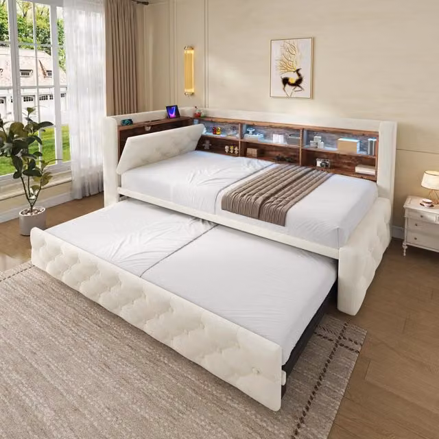 Letto divano estraibile 90 × 190 cm con contenitore nell’appoggiabraccio, ripiano, LED, USB e Type-C, senza materasso, beige