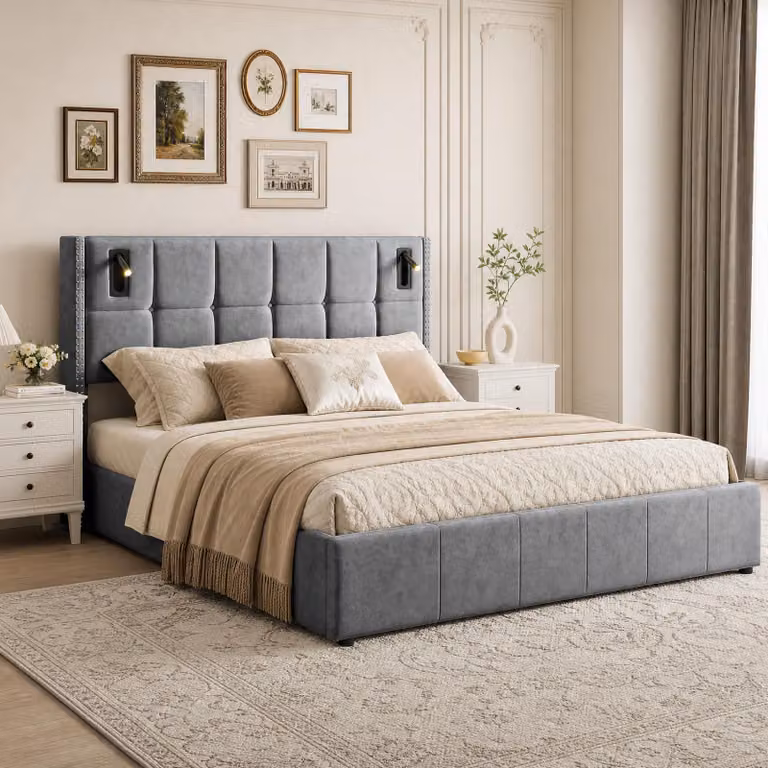 Letto matrimoniale con sistema di sollevamento idraulico, 140x200 cm, imbottito con cassettone a sollevamento idraulico, dotato di luce da lettura, ideale per ragazzi, struttura in velluto, colore grigio