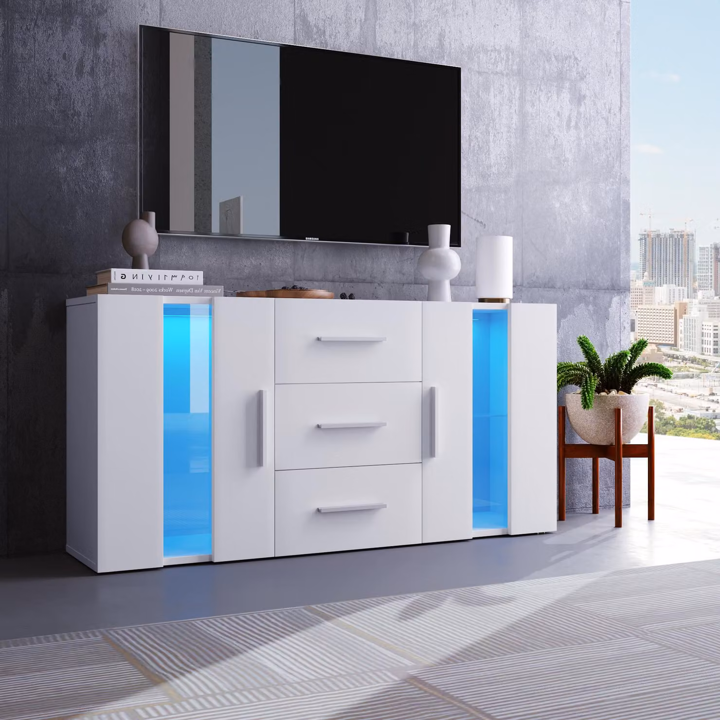 Credenza STILVORA con luci LED, credenza con cassetti, mobile TV, mobile basso per sala da pranzo e soggiorno