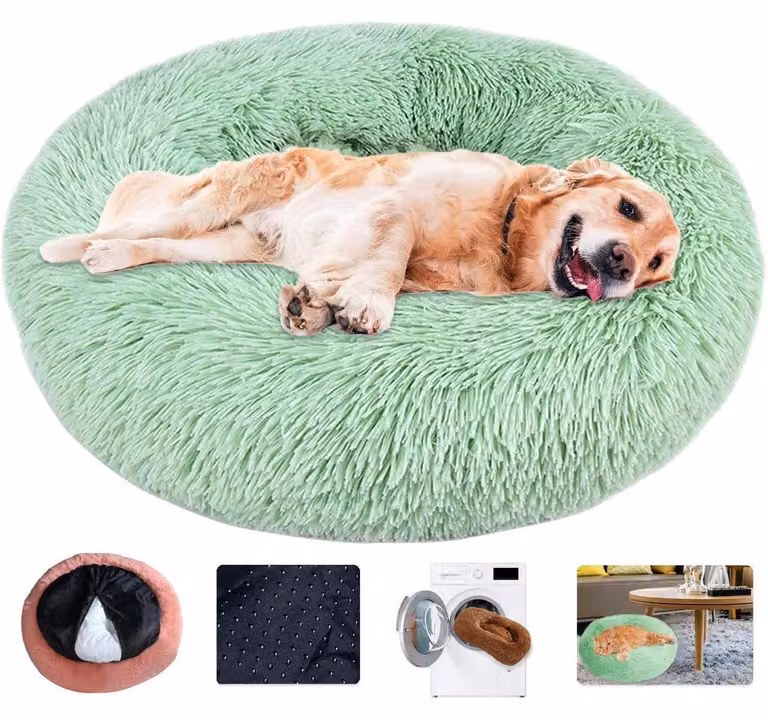 Cuccia per cani, forma a ciambella, morbida, in peluche, lavabile, colore verde, dimensioni L (70 cm)
