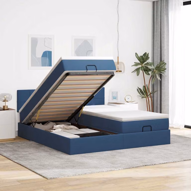 Letto matrimoniale con contenitore e materasso vidaXL in tessuto blu e bianco, L 200 x P 200 x H 28 cm