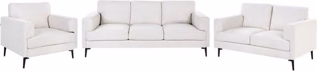 Set da salotto Beliani IT in stile Mid Century con divano a 3 posti, divano a 2 posti e poltrona, rivestimento in tessuto beige e gambe in metallo nero – 1