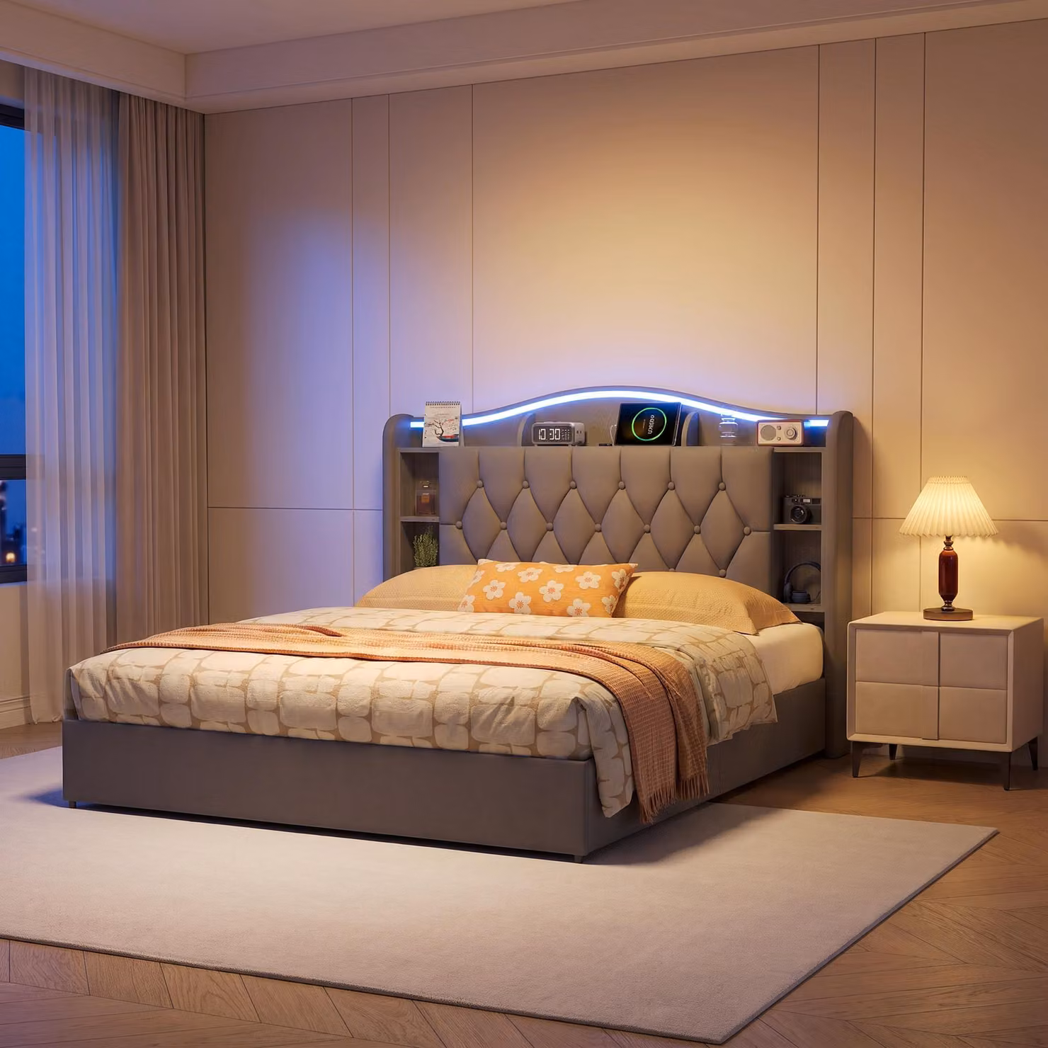 Letto con boxspring 140x200 cm con LED/USB, letto imbottito con contenitore, letto con spazio contenitivo, struttura letto per giovani con rete a molle, tessuto velluto, colore grigio