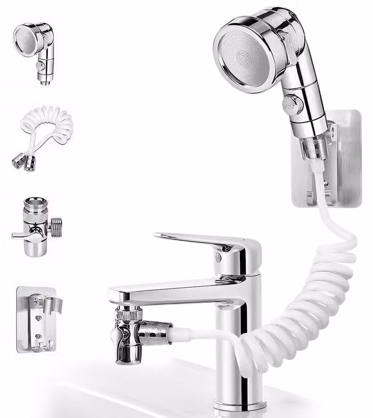 Set per lavabo con miscelatore manuale, completo di tubo da 1,5 metri, supporto e adattatore