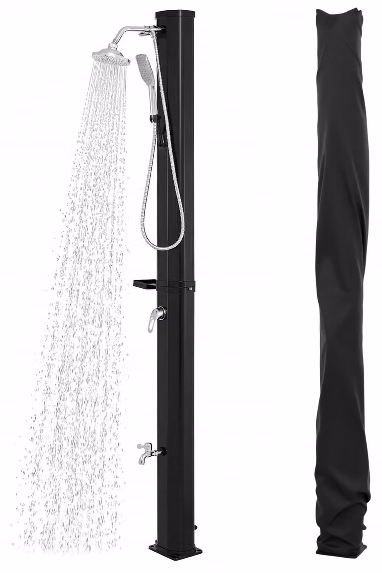 Doccia solare da 35 litri per piscina con sistema di risciacquo per mani e piedi, colore nero.