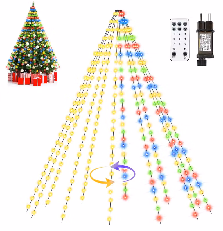 Catena luminosa per albero di Natale, 2 metri, 12 fili, 300 LED, luce bianco caldo + multicolore