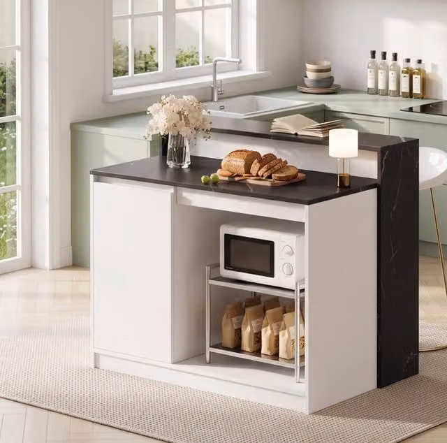 Isola da cucina ULEVR con bancone bar e area riposo per animali, MDF e melamina, nero e bianco effetto marmo