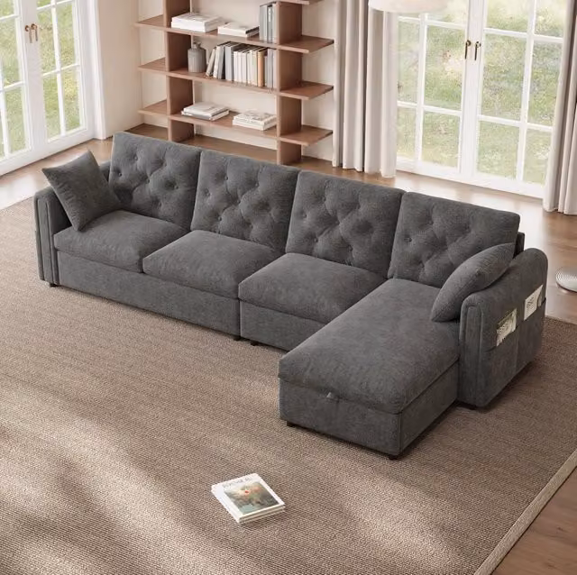Divano letto angolare ULEVR 281x132 cm con contenitore e lato L reversibile, grigio