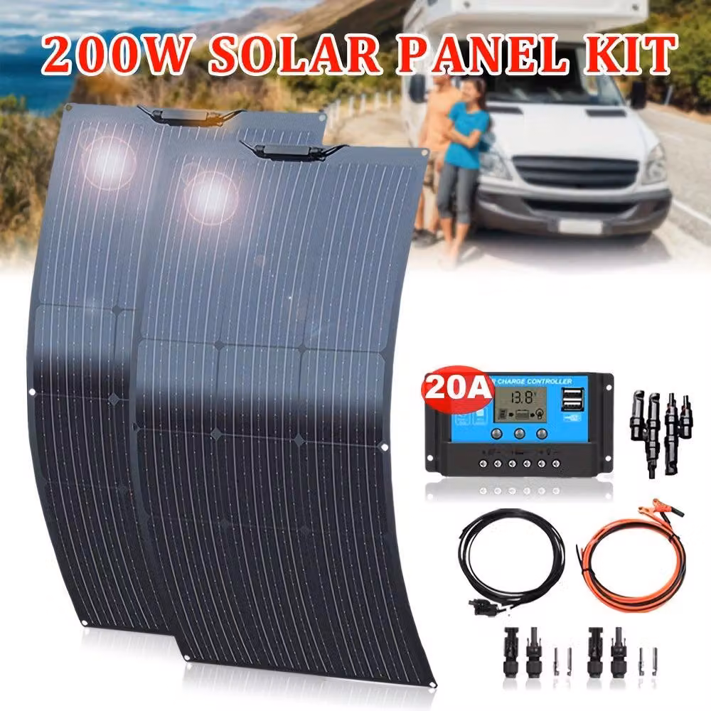 Kit pannelli solari – 200W, 2 pannelli monocristallini da 100W, regolatore di carica da 20A, sistema solare autonomo