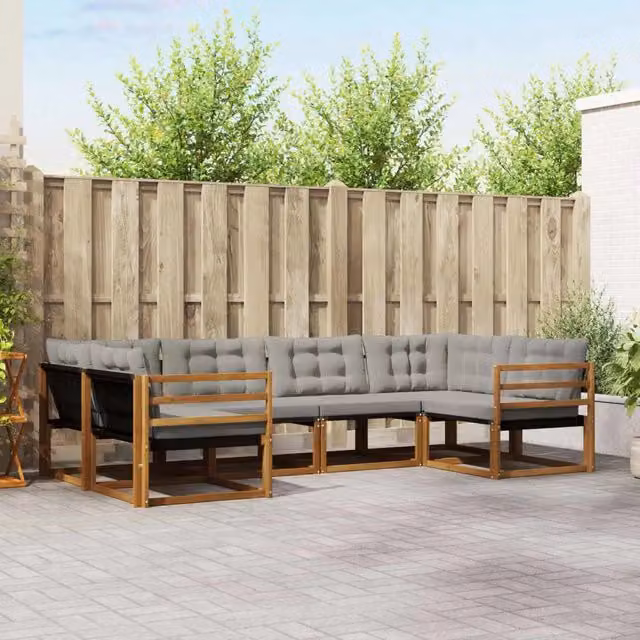 Set di divani da esterno a L vidaXL in legno di acacia e textilene, 6 pezzi, Beige e Grigio – 1