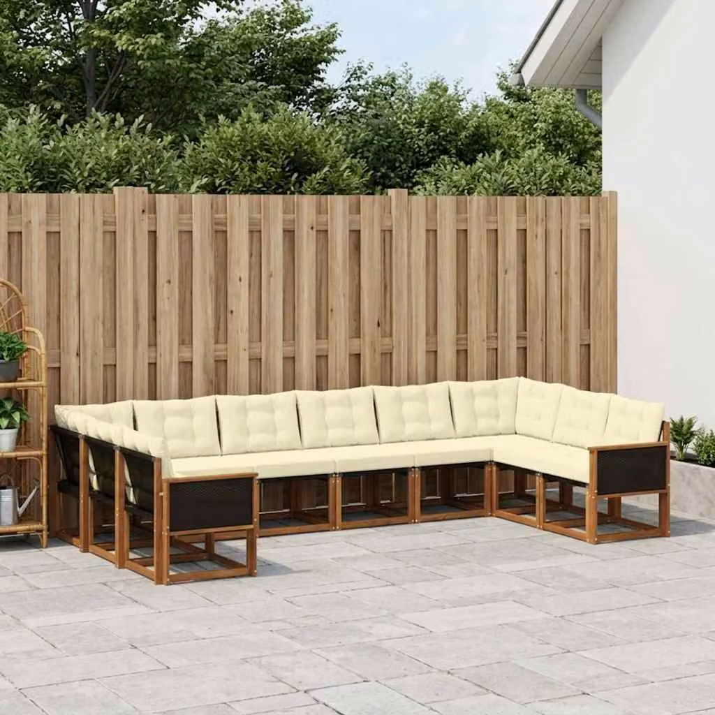 Set di divani da esterno vidaXL 10 pezzi in legno di acacia con cuscini, colore beige e marrone