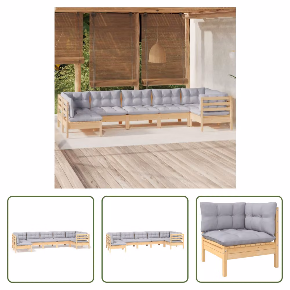 The Living Store Set da salotto da giardino 7 pezzi con cuscini grigi in legno di pino