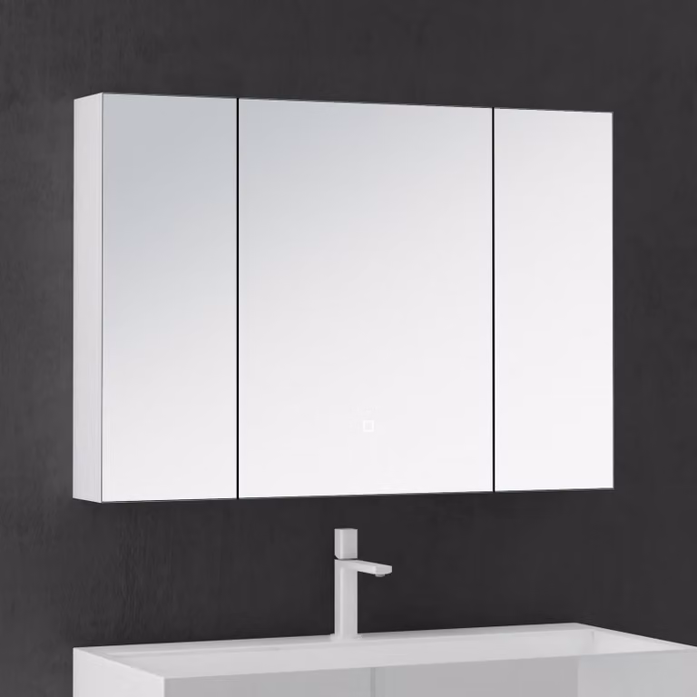 doporro Armadietto da Bagno con Specchio e 3 Ante 100x15x70a Muro Specchio Bagno Pensile con Contenitore e Luce LED Pensile da Bagno a Parete Bianco opaco Spiegelschrank-04