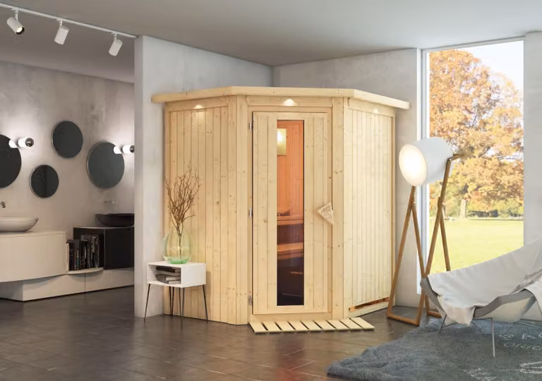 Sauna Taurin: con cornice luminosa sul soffitto: stufa da 9 kW + sistema di controllo integrato. Porta in legno isolata. Cornice luminosa sul soffitto. Stufa per sauna: 9 kW + sistema di controllo integrato. Porta per sauna: porta in legno isolata