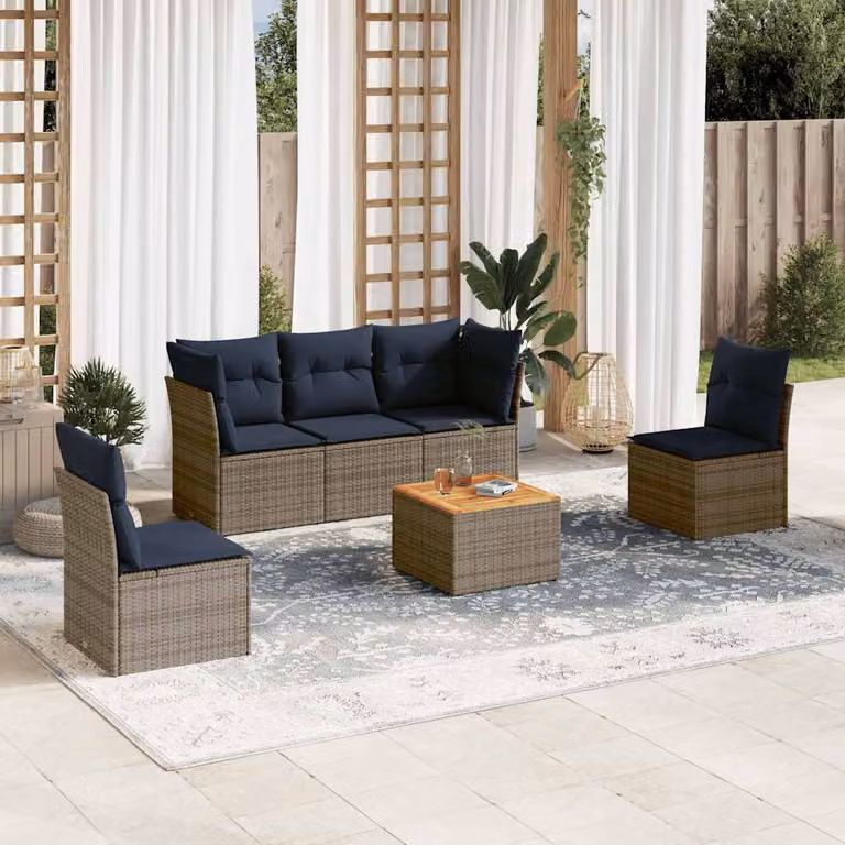 vidaXL Set Divani da Giardino 6 pz in Polyrattan con Cuscini e Tavolino, Grigio e Blu