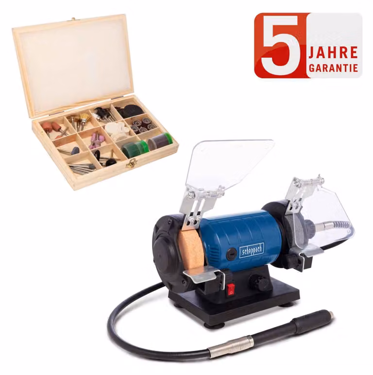 Levigatrice doppia Scheppach HG35 | con albero flessibile e set di accessori da 103 pezzi | disco per smerigliare e lucidare da 75 x 20 mm | parascintille