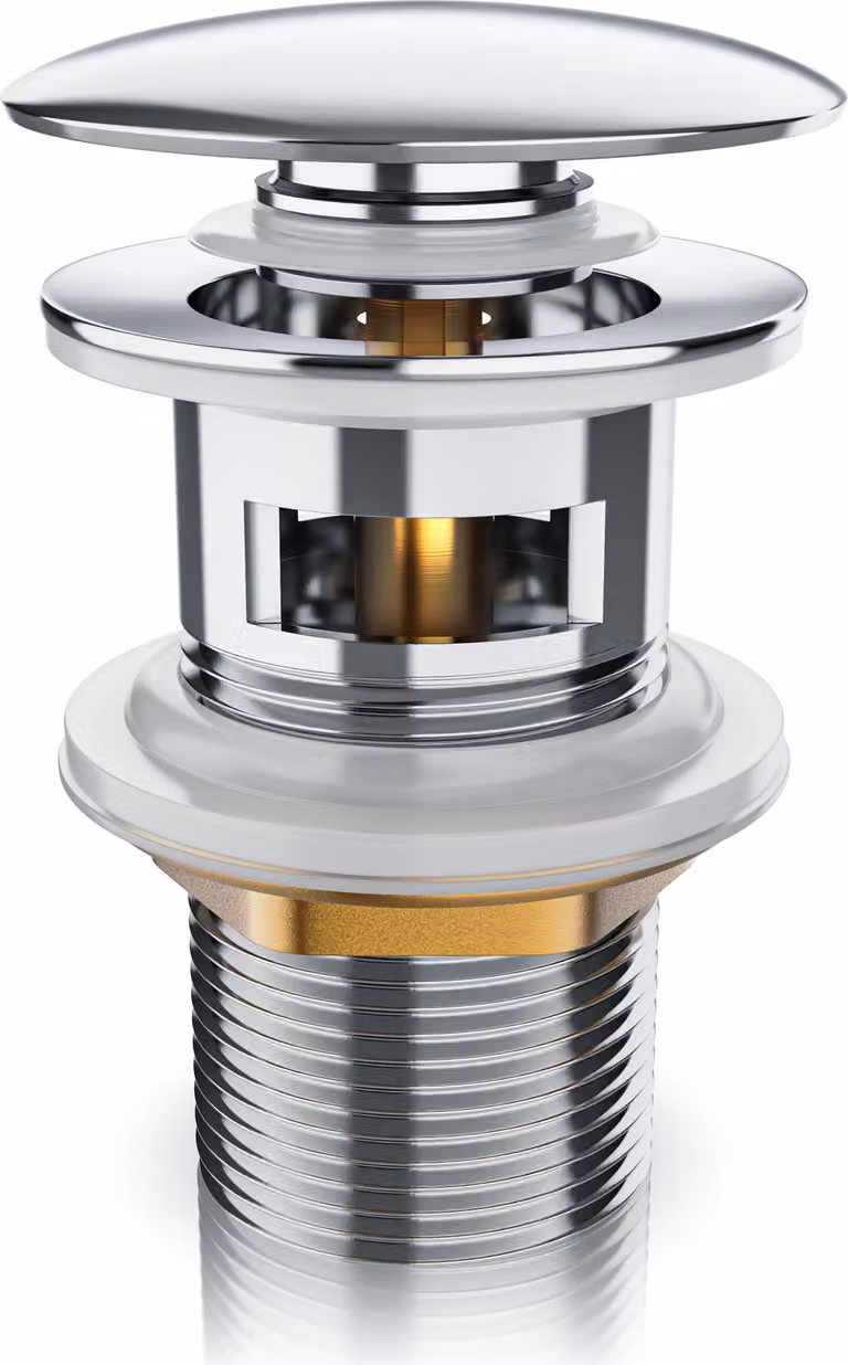 Sifone pop-up con troppofilo, valvola di scarico per lavabi e lavelli, in ottone cromato, 1 1/4 pollici, tappo di scarico da 66 mm, completo di guarnizioni di ricambio, finitura cromata