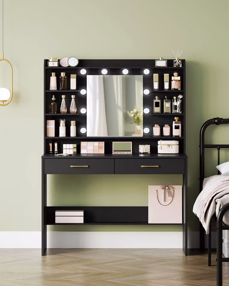 Comò con specchio - Nero - Illuminazione LED regolabile - Legno - Design moderno e minimalista