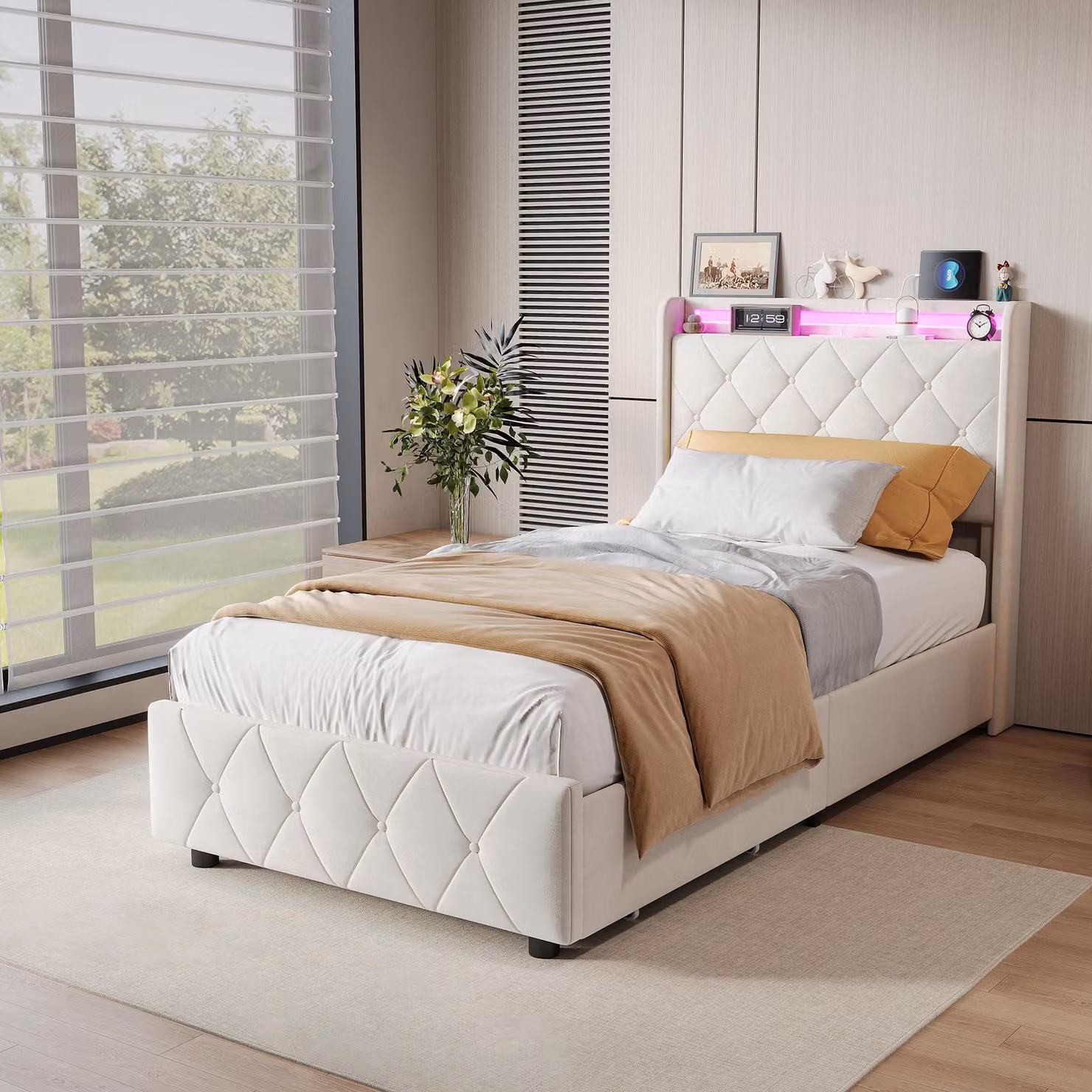 Letto imbottito UnboxG 90x200 cm in velluto beige, 4 cassetti, testiera con illuminazione a LED e stazione di ricarica, design con bottoni per la camera da letto