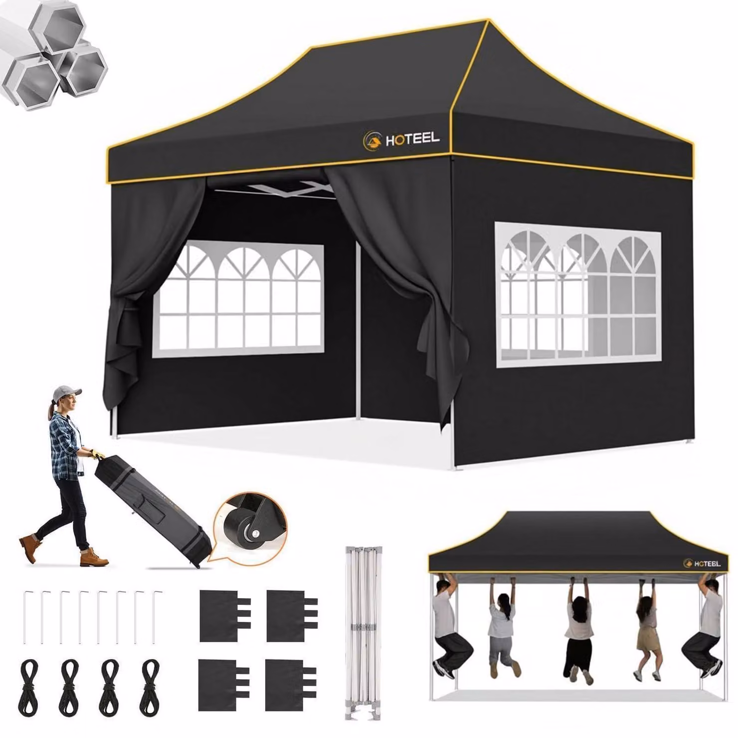 Tenda da festa esagonale 3x4,5 metri, impermeabile, stabile, con struttura a sei lati, resistente ai raggi UV, colore nero, con 4 pannelli laterali