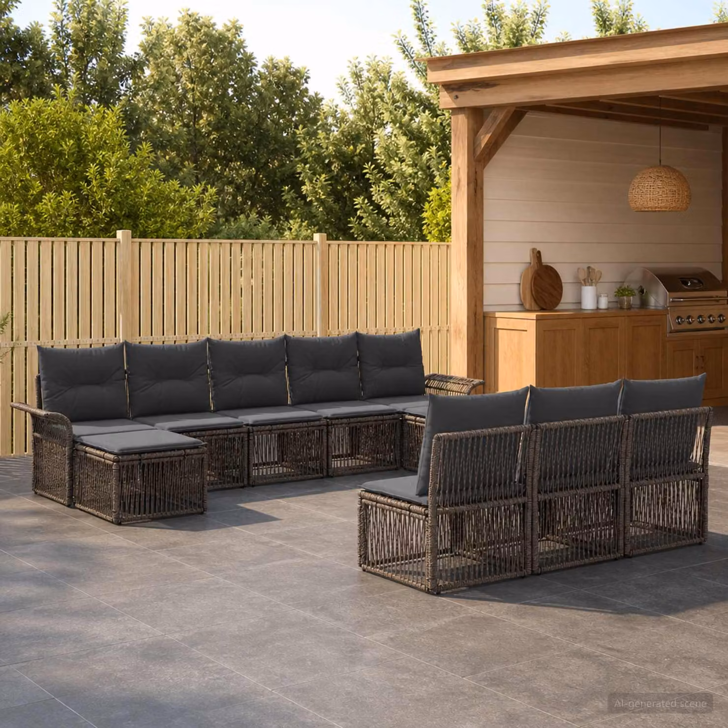 Set Divano da Giardino vidaXL a Forma di U in Polyrattan Grigio con 10 Pezzi e Cuscini Inclusi