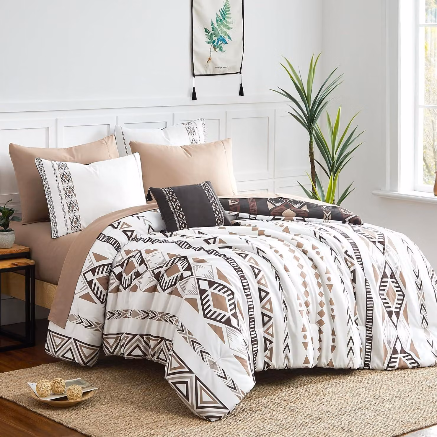 Set di lenzuola matrimoniali in stile boho-azteco, 8 pezzi, reversibile, in microfibra