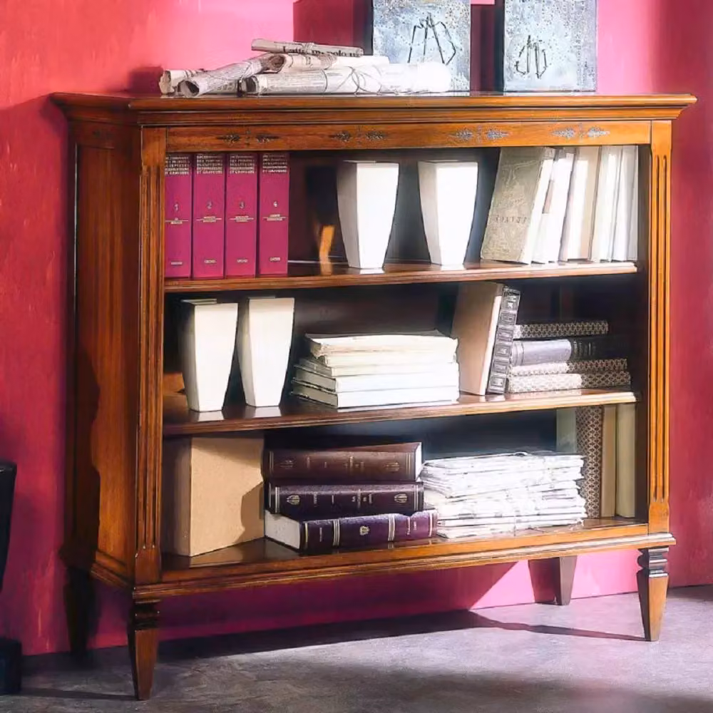 Libreria classica in legno con 3 vani e decorazione floreale Mobili 2G colore marrone L: 110 cm, P: 41 cm, H: 100 cm – 3