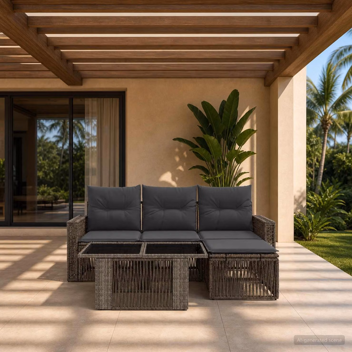 Set Divano da Giardino vidaXL 5 Pezzi a Forma di L in Polyrattan Grigio e Antracite con Cuscini e Tavolino