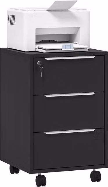 Cassettiera da Ufficio con 3 Cassetti Ruote e Serratura ¨C Xylo ¨C Nero 40x40x63,5 cm
