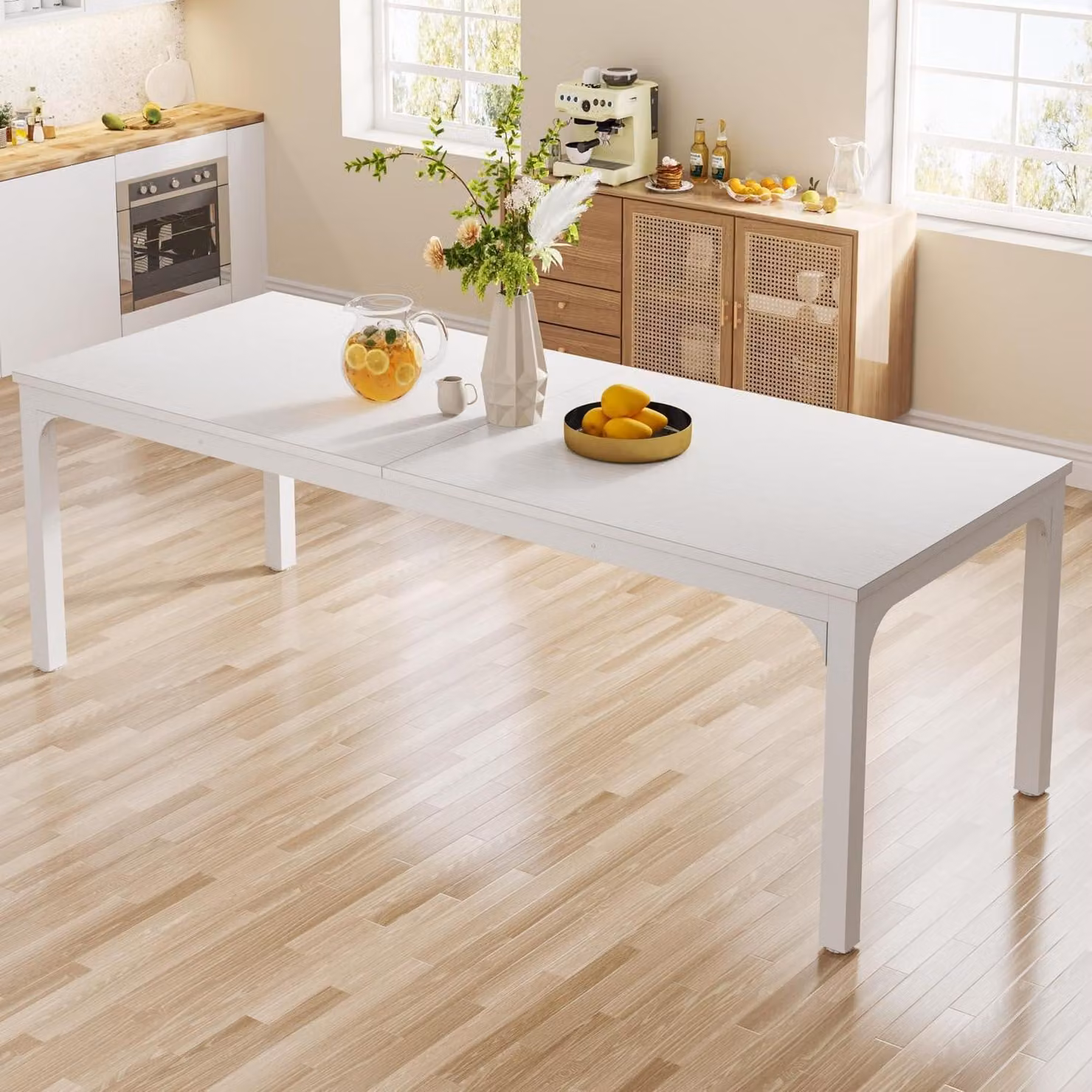 Tavolo da pranzo rettangolare, dimensioni 200x70x75 cm, per 6-8 persone, colore bianco, gambe in metallo, piano in MDF