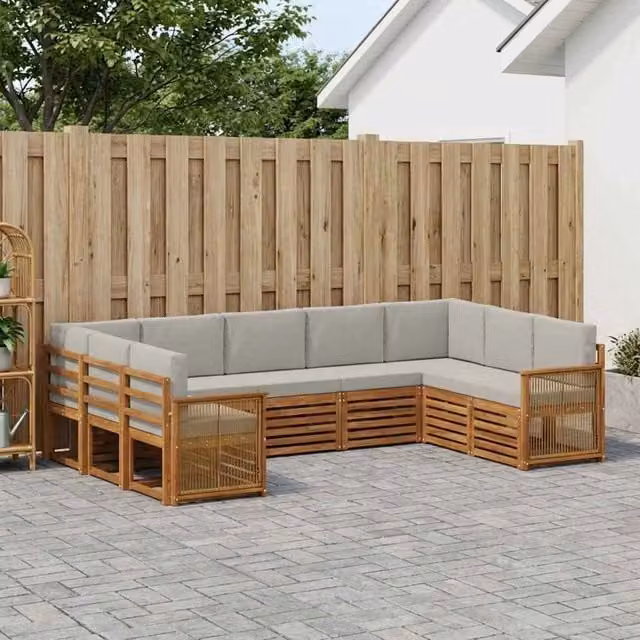 Set di divani da esterno a L vidaXL in legno di acacia con cuscini, beige e grigio – 1