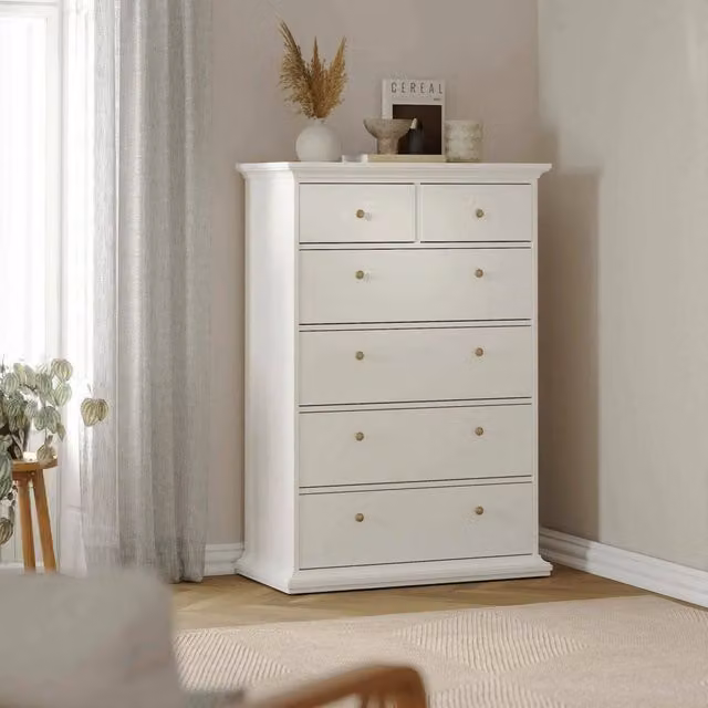 Cassettiera Gaetana DMORA, Comò e Settimino multiuso per camera da letto, Bianco opaco, L 96 cm x P 49 cm x H 139 cm