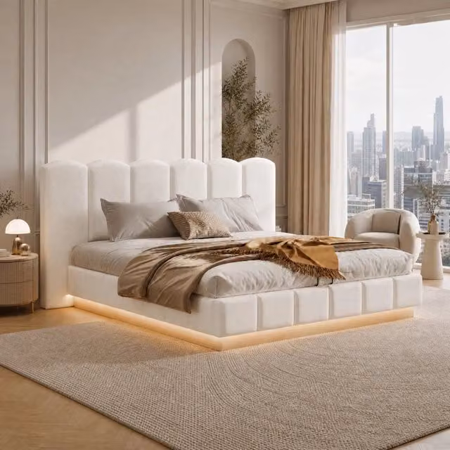 Letto matrimoniale imbottito 180x200 cm con contenitore idraulico, rete a doghe, testiera imbottita e illuminazione LED, rivestimento bouclé bianco