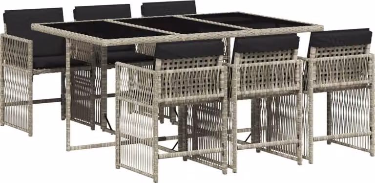 Set da Pranzo da Giardino 7 pz Cuscini Polyrattan Grigio Chiaro
