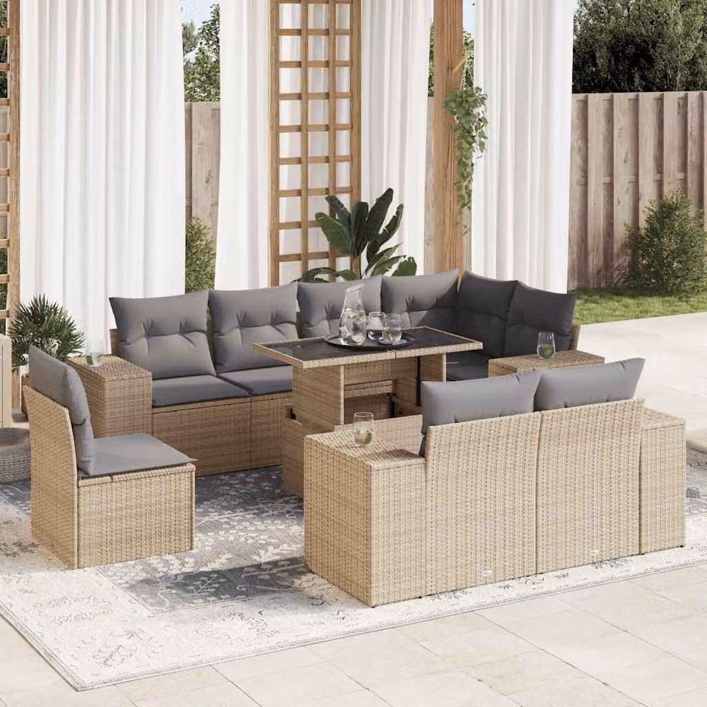 Set Divano da Giardino vidaXL 9 pz in Polyrattan con Cuscini Beige e Tavolino da Esterno