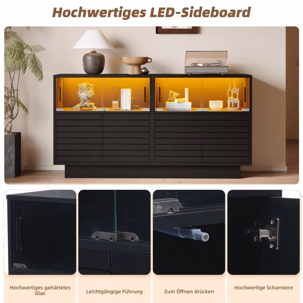 Madia REDOM in MDF nero opaco con vetro scorrevole e illuminazione LED L: 130 cm, P: 35 cm, H: 68 cm – 2
