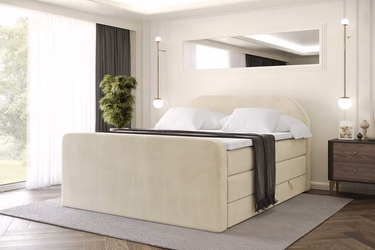 Letto boxspring ALTDECOR con materasso e rete a doghe, topper, letto imbottito con contenitore, letto con vano portaoggetti, materassi H3 e H4, letto matrimoniale, letto boxspring -NOX-Z KING-200x200 - Beige Monolith