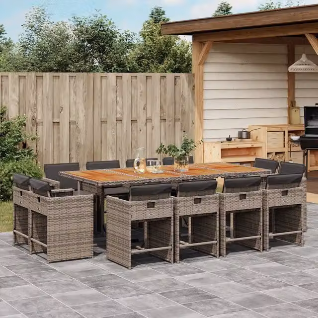Set da pranzo da giardino vidaXL in polyrattan e legno di acacia con 13 pezzi e cuscini, colore grigio e marrone – 1
