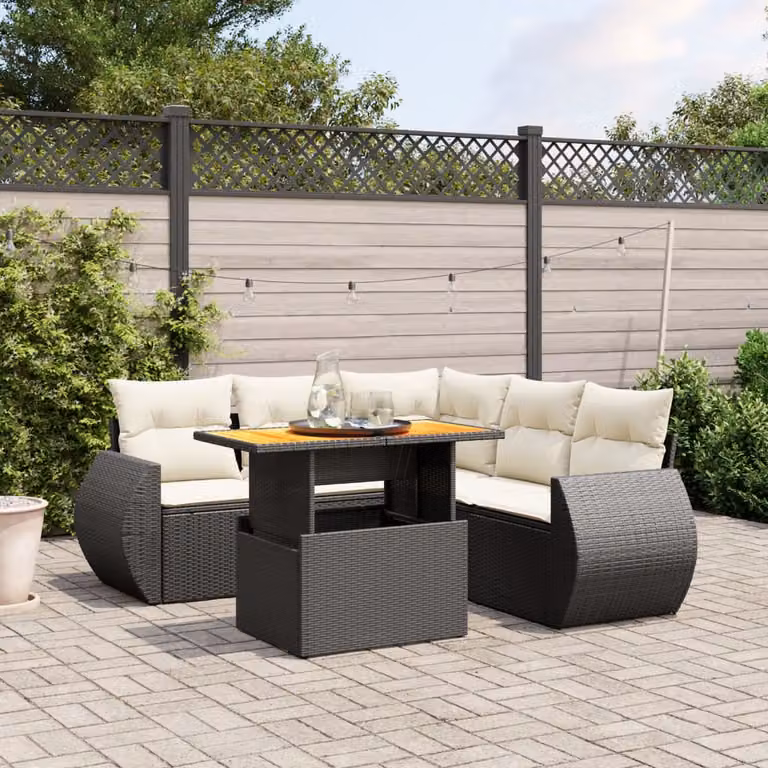 Set Divano da Giardino vidaXL 6 pz in Polyrattan Nero con Cuscini e Tavolino da Esterno a Forma di L