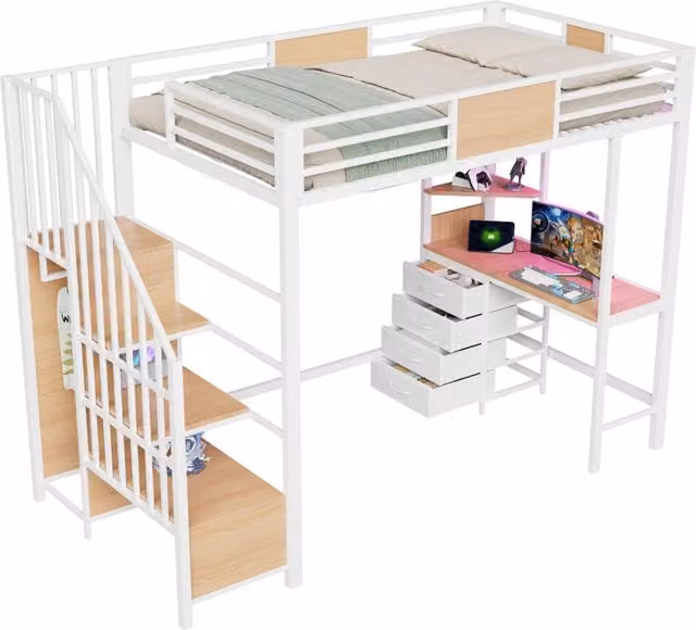 Letto a soppalco singolo REDOM in metallo bianco con scrivania, ripiani, scala, illuminazione LED e porta USB, L/P/H: 252.2 x 144.0 x 175.0 cm – 1