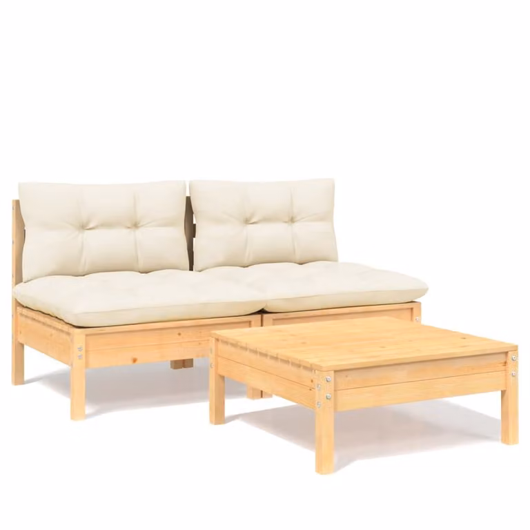 Set Divani da Giardino 3 pz con Cuscini Crema Massello di Pino